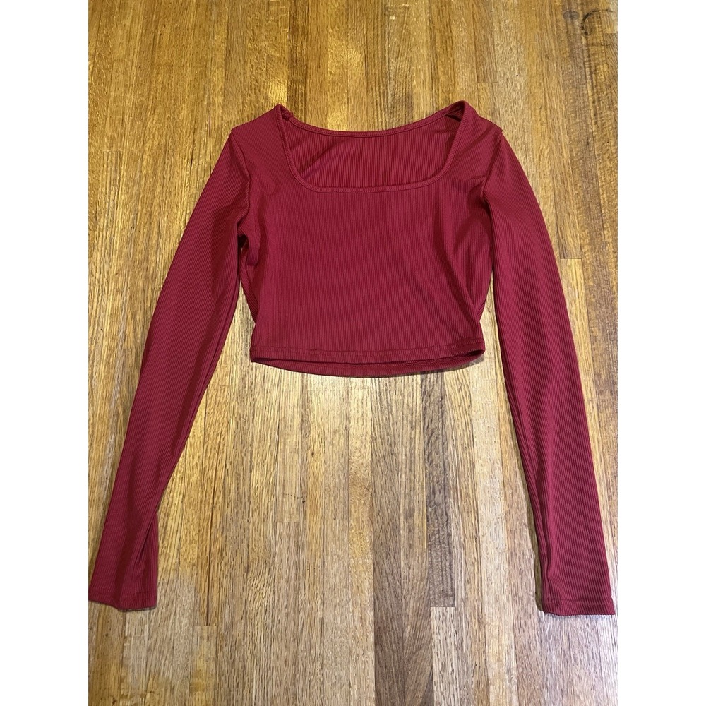 Women XS Red Maroon Ribbed Square Neck Long Sleeve Cropped Slim Fit Blouse‎